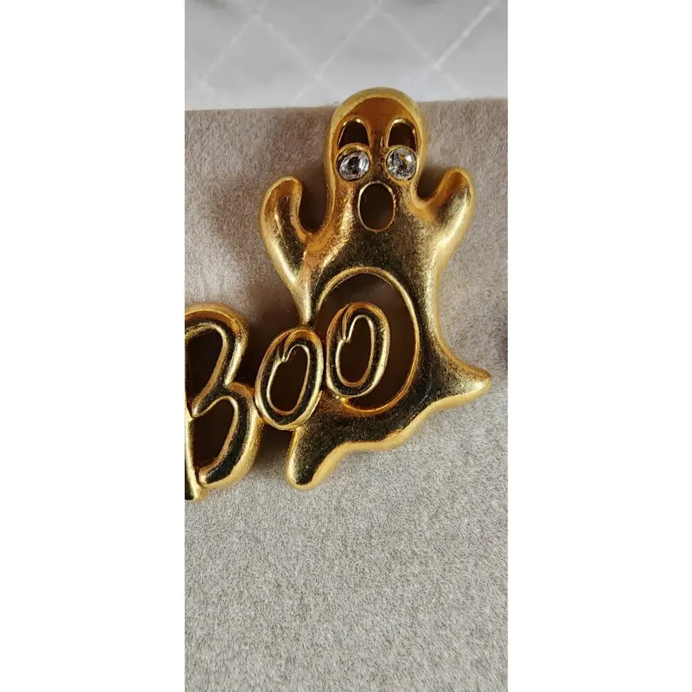 Vintage Avon Gleeful Ghost Boo Halloween Pins Pair Gold Tone Rhinestone Eyes